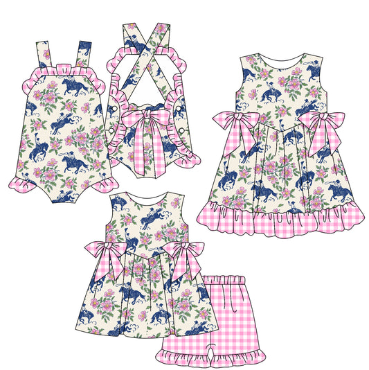 3.7 custom each style moq 5eta 4-6week Sibling Sisters riding horse floral baby girl short sleeve shorts sets and dress and rompers match family design