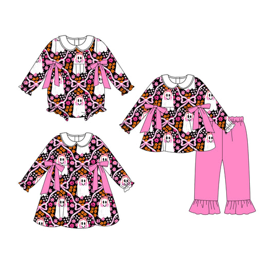 25.8.9 custom each style moq 5eta 4-6week Sibling Sisters halloween ghost bow baby girl long sleeve pants sets and dress and rompers match family design