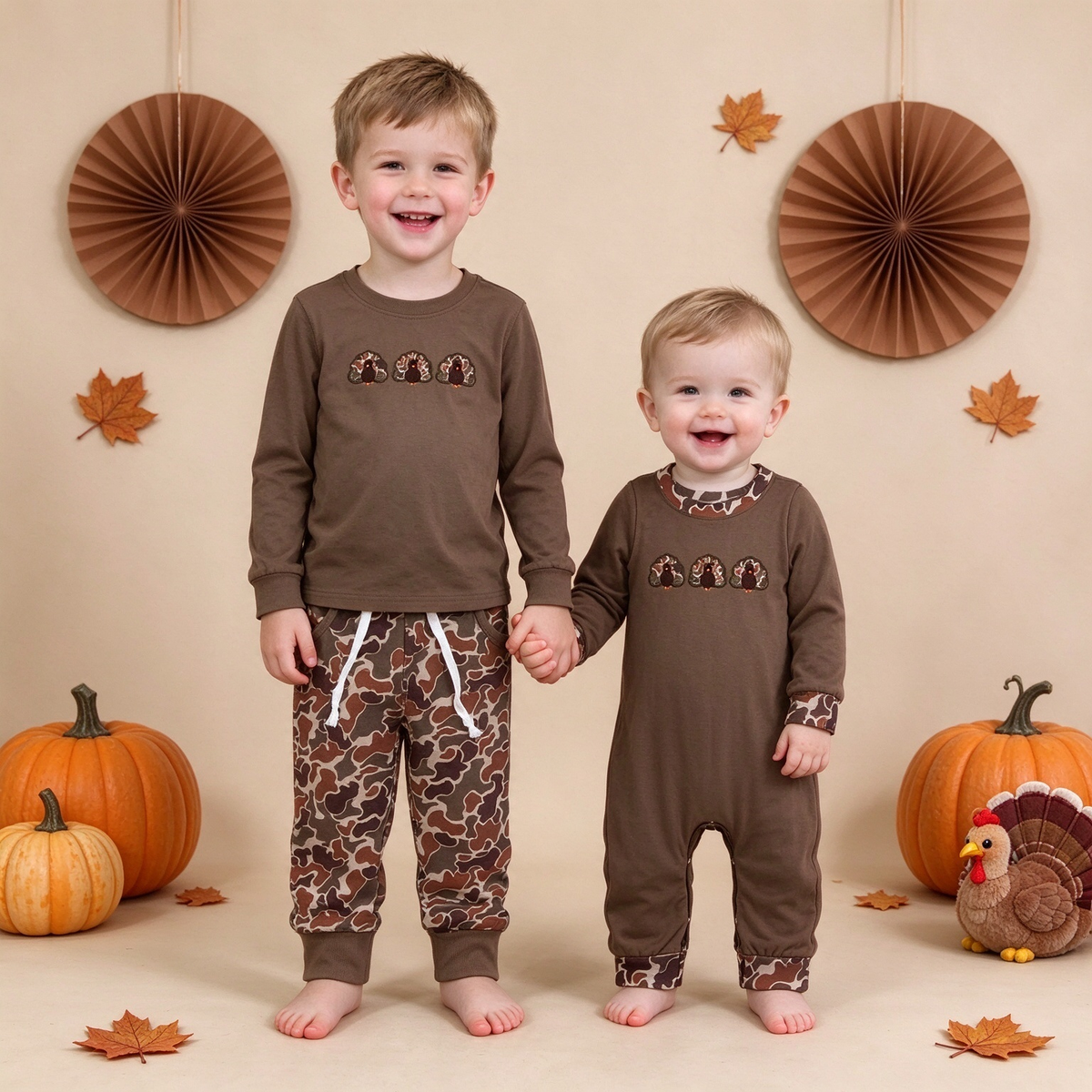 Baby Boys Thanksgiving Three Turkey Embroidery Camo Pants Set & Camo Cuff Romper Collection