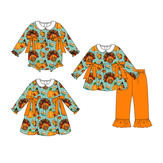 25.7.31 custom each style moq 5eta 4-6week Sibling Sisters pumpkin turkey baby girl long sleeve pants sets and dress and rompers match family design