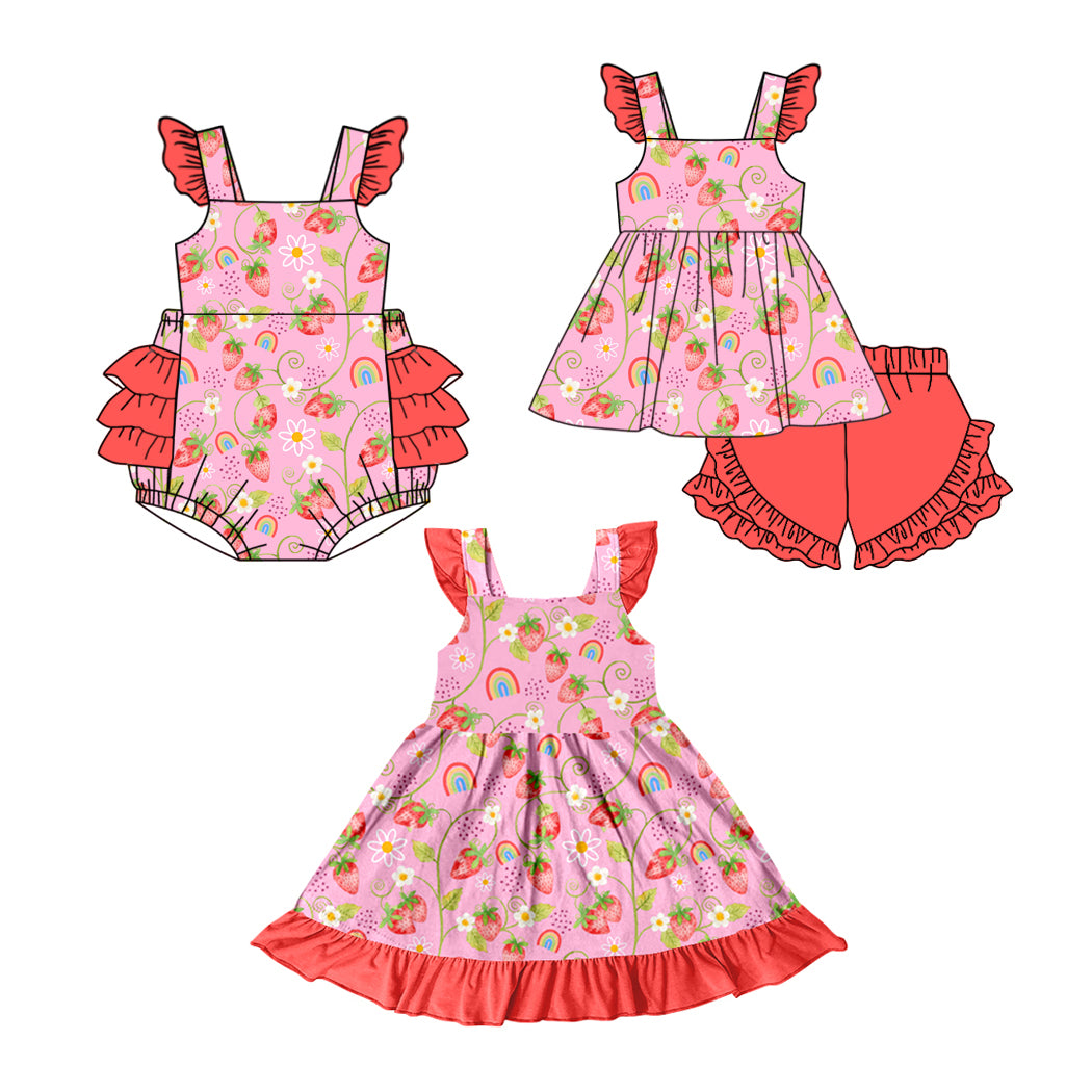 11.14 custom each style moq 5eta 4-6week Sibling Sister strawberry baby girl short sleeve shorts sets and dress and rompers match family design