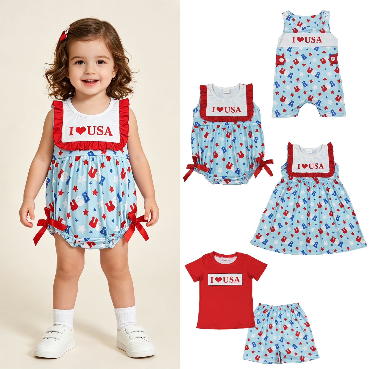 RTS NO MOQ Sibling milk silk Boys I Love USA Shirt Top Stars Short 4th of July Set Rompers Girls Dress Rompers