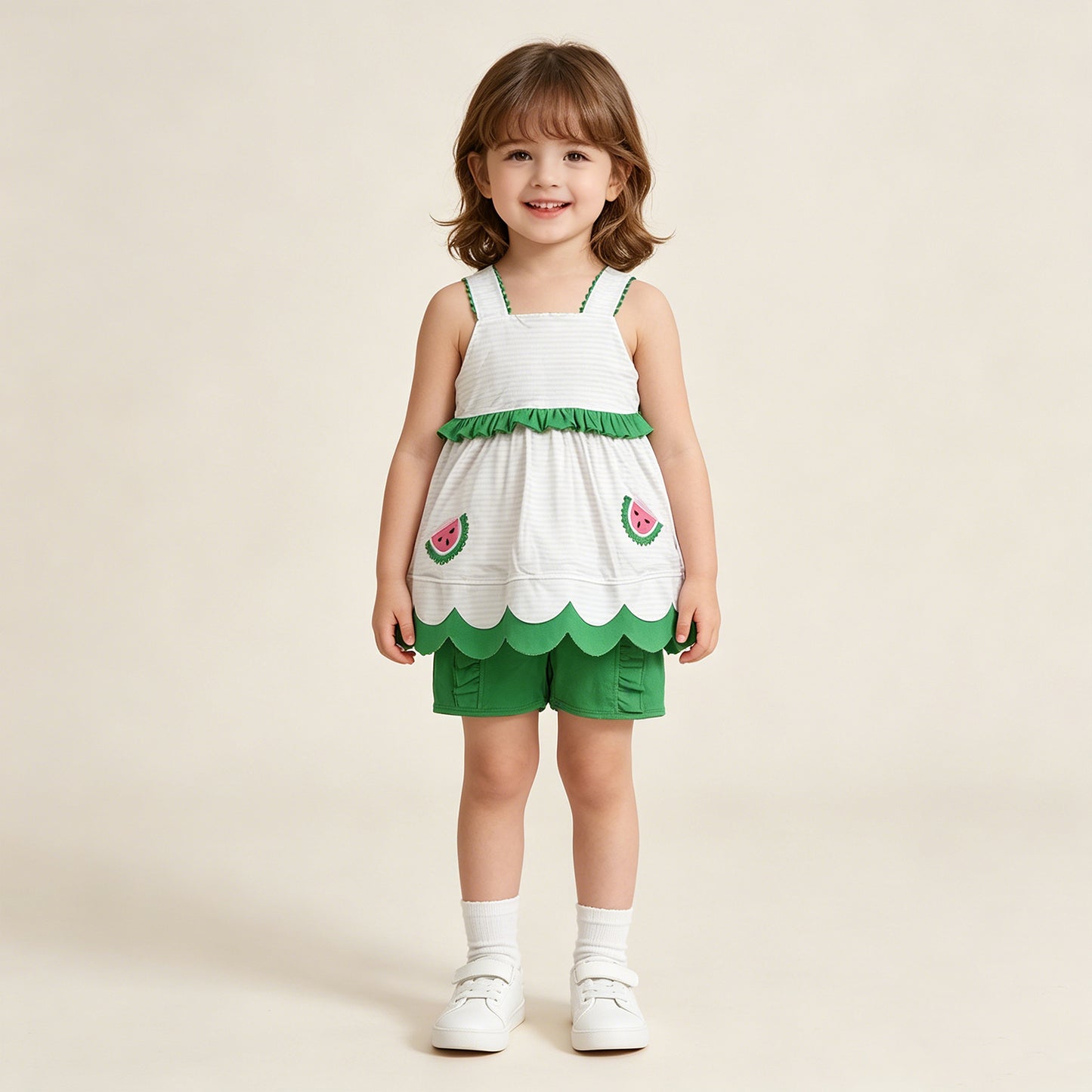 RTS NO MOQ milk silk GSSO3164 Baby Girls Watermelon Embroidery Scallop Tunic Ruffle Shorts Set