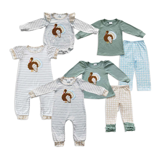 RTS NO MOQ Sibling baby girls boys clothes embroidery turkey long-sleeved trousers suits and rompers