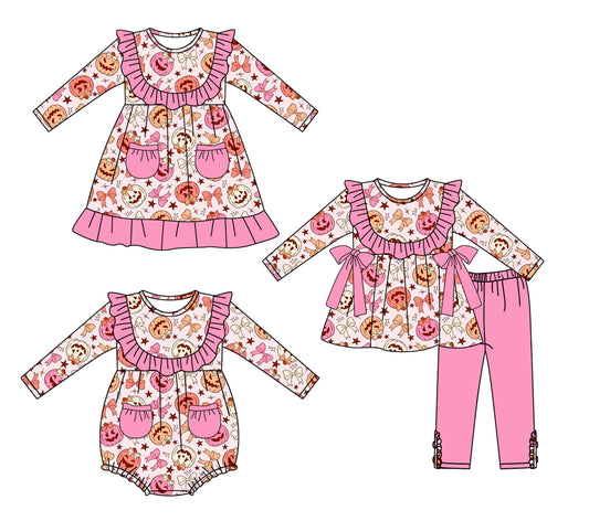 25.5.10 custom each style moq 5eta 4-6week Sibling Sisters pumpkin baby girl long sleeve pants sets and dress and rompers match family design