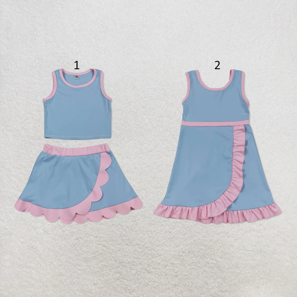 RTS NO MOQ Sibling cotton Baby Girls Light Blue Pink Sleeveless Vest Scallop Skirt Yoga Active Set Short Knee Length Dress