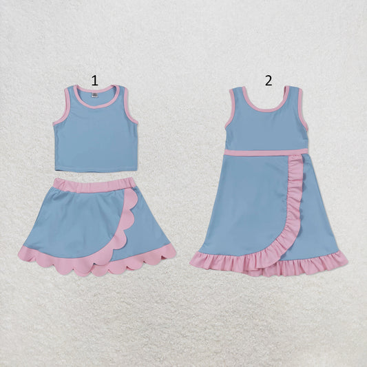 RTS NO MOQ Sibling yoga fabric cotton Baby Girls Light Blue Pink Sleeveless Vest Scallop Skirt Yoga Active Set Short Knee Length Dress