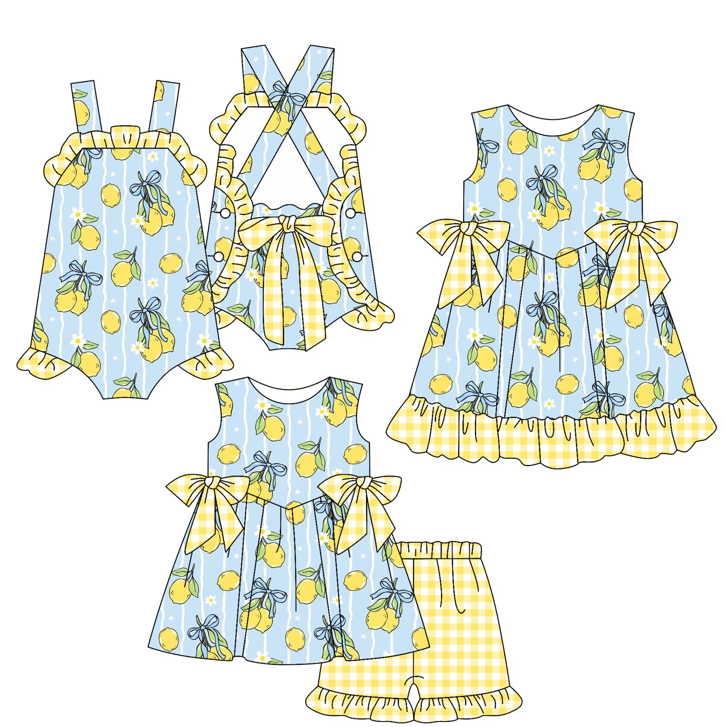 25.12.6 custom each style moq 5 eta 6-8week Sibling Sister lemon baby short sleeve shorts sets and romper and dress match design