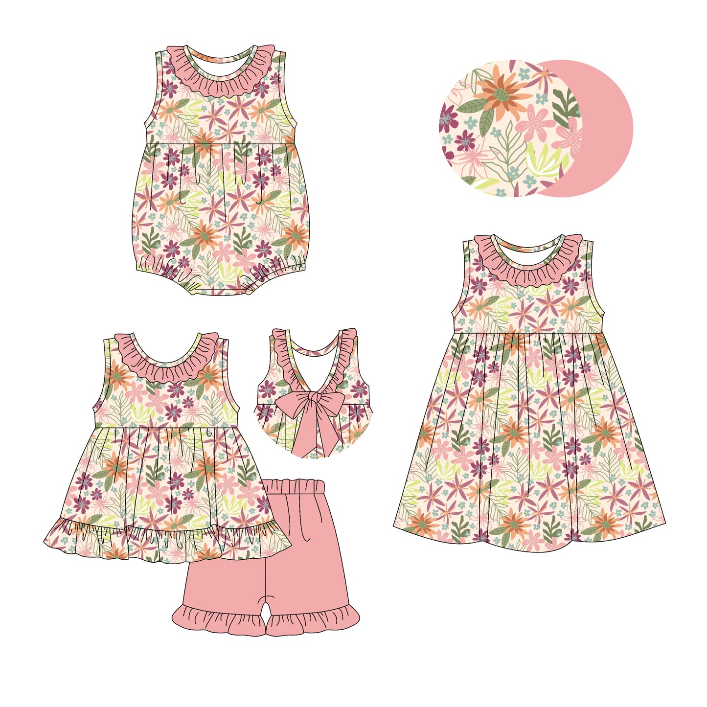 3.3 custom each style moq 5eta 4-6week Sibling Sister floral baby girl short sleeve shorts sets and dress and rompers match family design