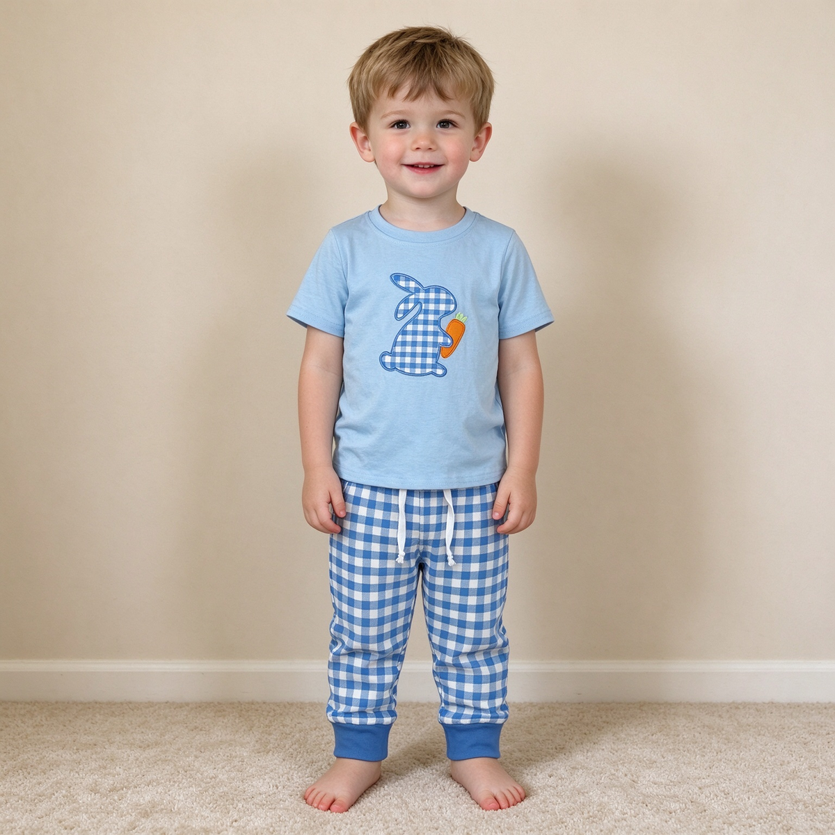 NEW RTS NO MOQ milk silk BSPO0705 Embroidery Baby Boys Rabbit Carrots Easter Long Sleeve Top Jogger Pants Sets