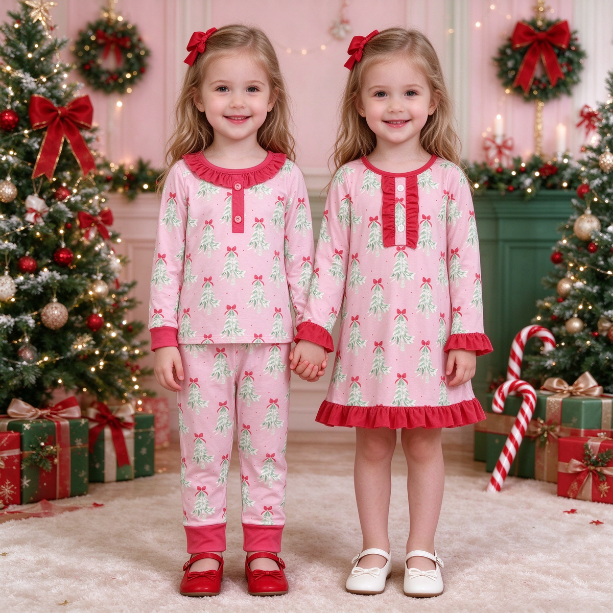 Baby Girls Christmas Trees Collection - Pink Bamboo Pajamas & Sibling Plaid Ruffle Dress