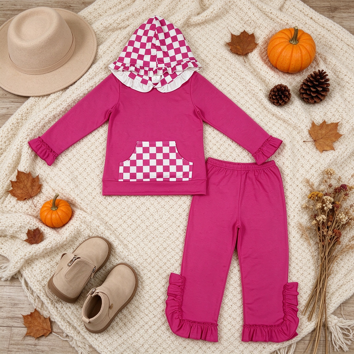 NEW RTS NO MOQ cotton GLP3709（GT1851+P1161）Baby Girls Hot Pink Checked Pocket Hoodie Ruffle Pant Outfit