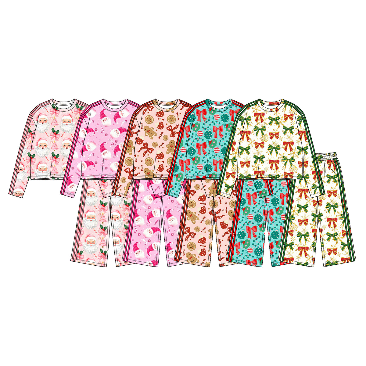 (Preorder new) No moq Baby Girls Christmas Bow Print Long Sleeve Pants Side Stripe Holiday Set