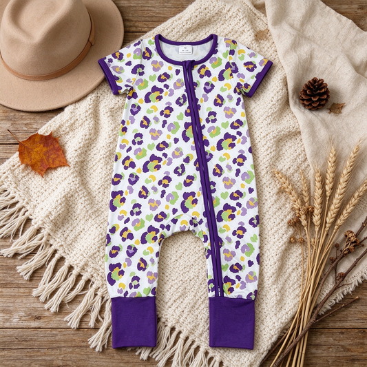 NEW RTS NO MOQ milk silk SR4312 Baby Girls Purple Leopard Printed Short Sleeve Two Way Zip Convertible Rompers