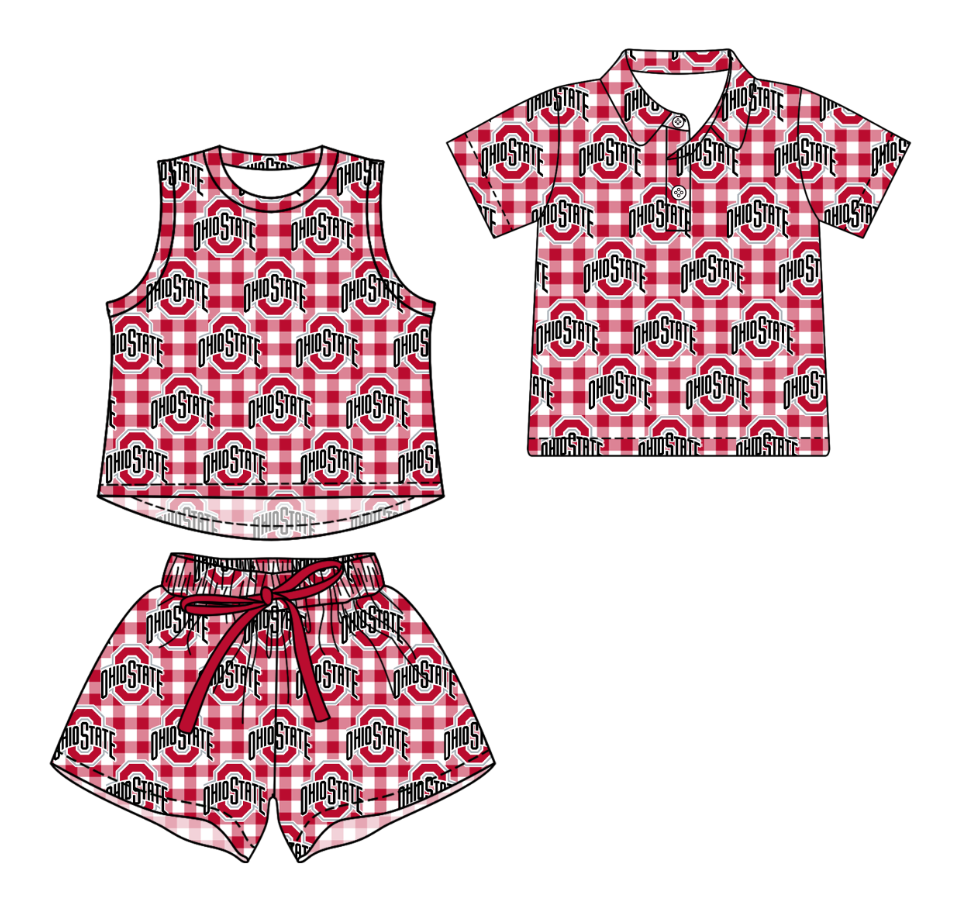 Custom moq 5 mix size milk silk summer teams Red Checked Girls Sleeveless Top And Short Sets Boys Short Sleeve Button Polo Shirt Top
