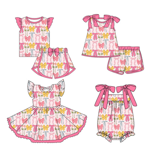 3.13 custom each style moq 5eta 4-6week Sibling Sister bow baby girls short sleeve set and set 2 and dress and romper match design