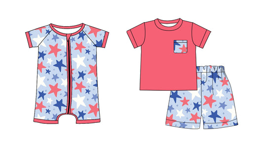 Custom moq 5 mix size Sibling 4th of July Baby Boys Short Sleeved Zippered Romper Short-Sleeved Top And Shorts Set for Infants