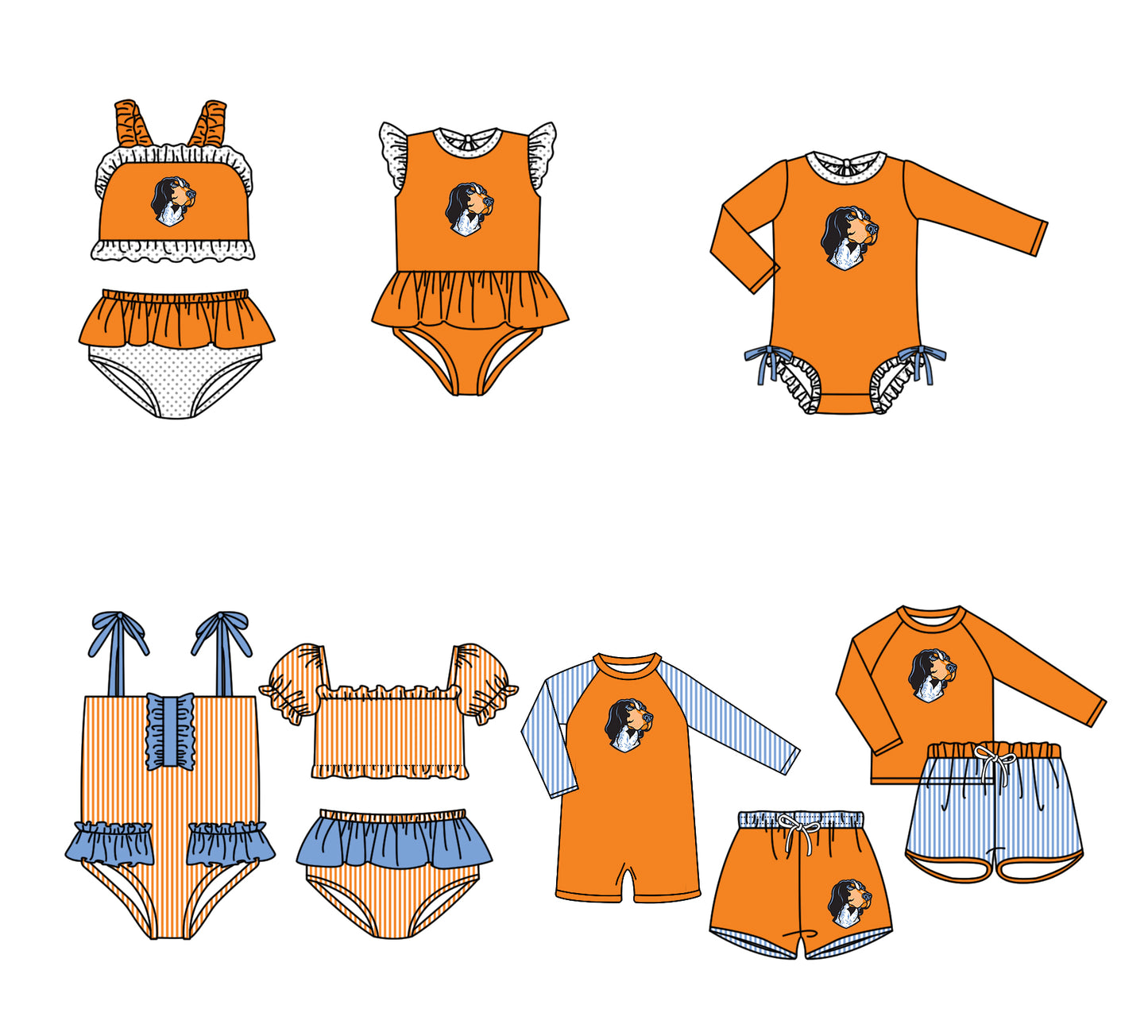 Custom moq 5 mix size milk silk summer teams baby girl boys clothes Orange Two-Piece Swimsuit Set One Piece Swimsuits boy swim trunks