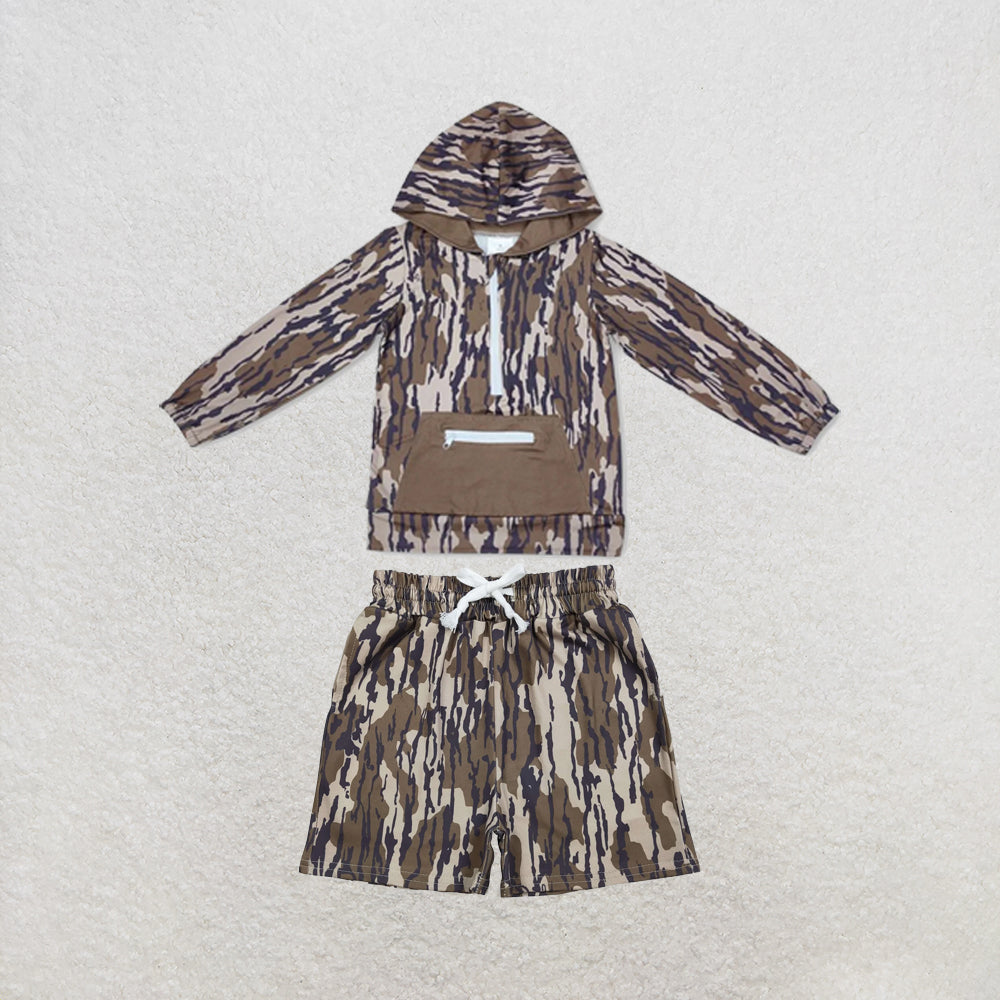 RTS NO MOQ Sibling milk silk Baby Boys Camo Hoodie Top Pocket Shorts Casual Outfit