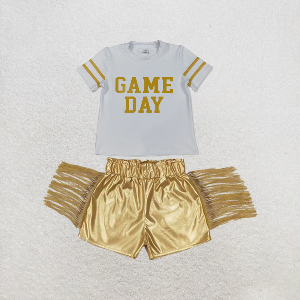 RTS NO MOQ Sibling yoga fabric Baby Girls Vinyl Yellow Game Day Print Top Matching Shorts Two Piece Team Active Clothes Set