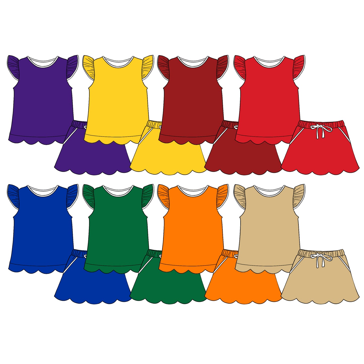 3.26 Custom moq 5 mix size Sibling Baby Girl Solid Color Flutter Sleeve Scallop Top And Skirts Set Summer Outfit