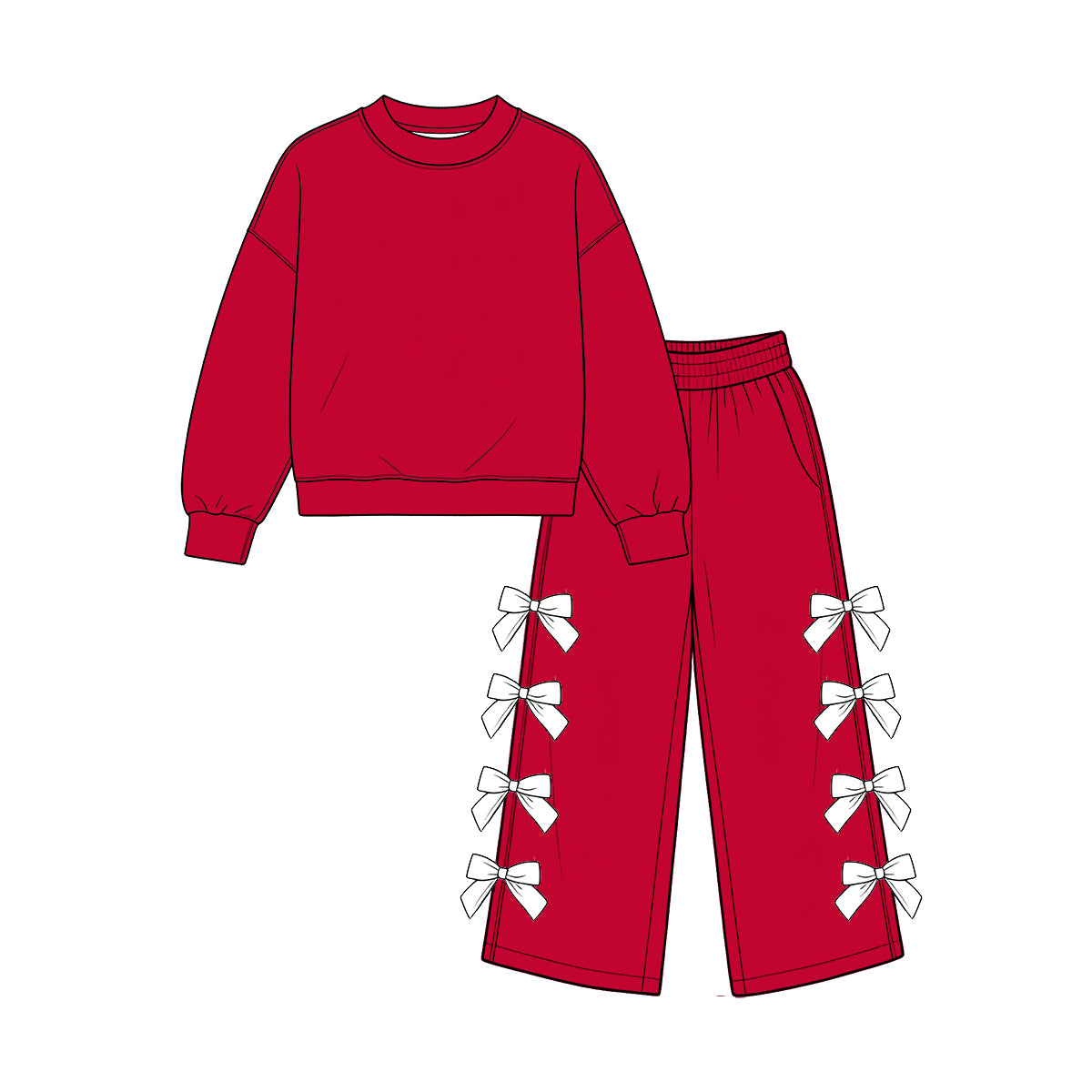 custom moq 5 mix size Baby Girls Red Long Sleeve Top And White Bow Wide Leg Pants Fall Casual Outfit
