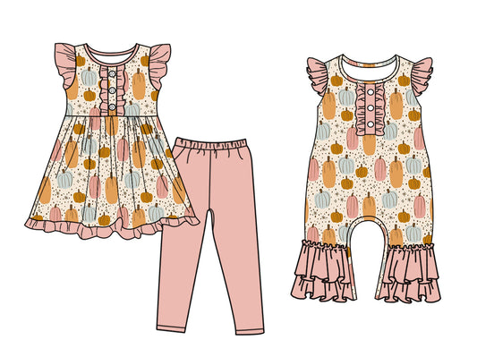 5.5 custom each style moq 5eta 4-6week Sibling Sisters pumpkin baby girl short sleeve pants sets and rompers match family design