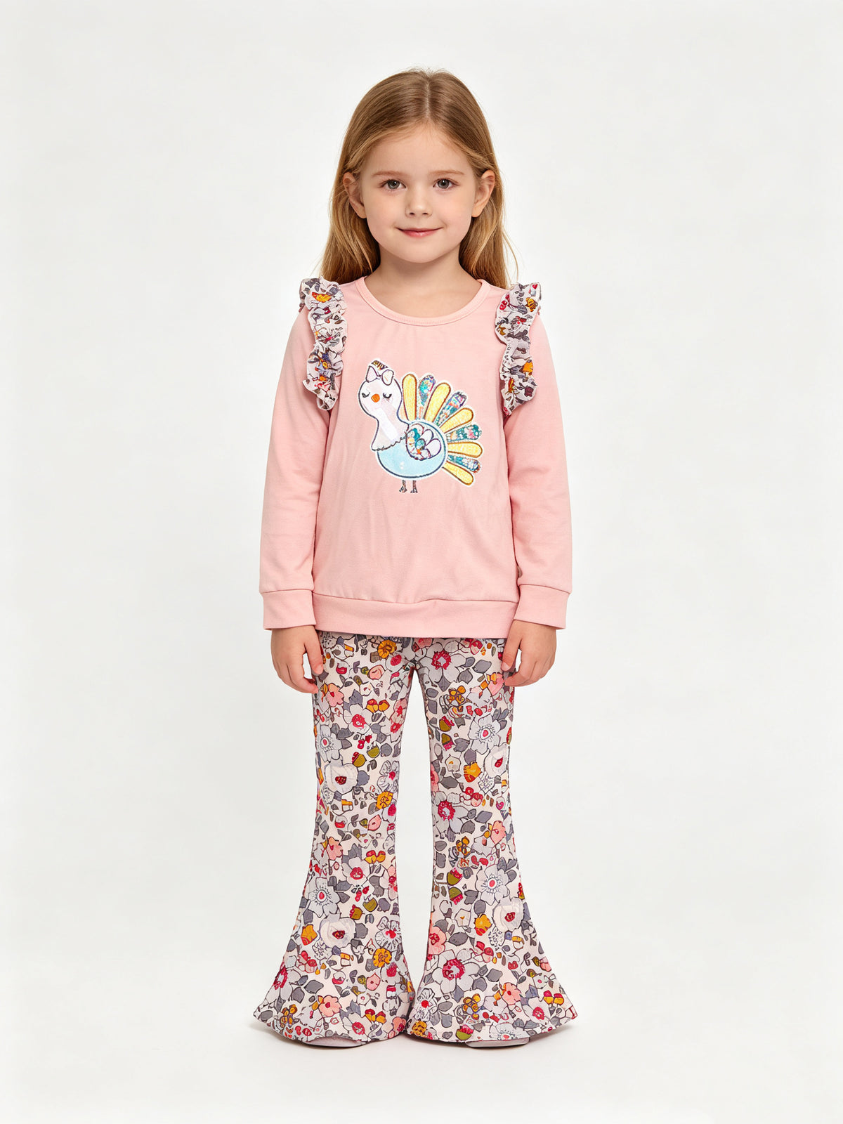 (Sample) No moq milk silk GLP3597 Embroidery Turkey Flowers Baby Girls Top Flare Pant Thanksgivings Clothes Sets Fall Holiday Outfit