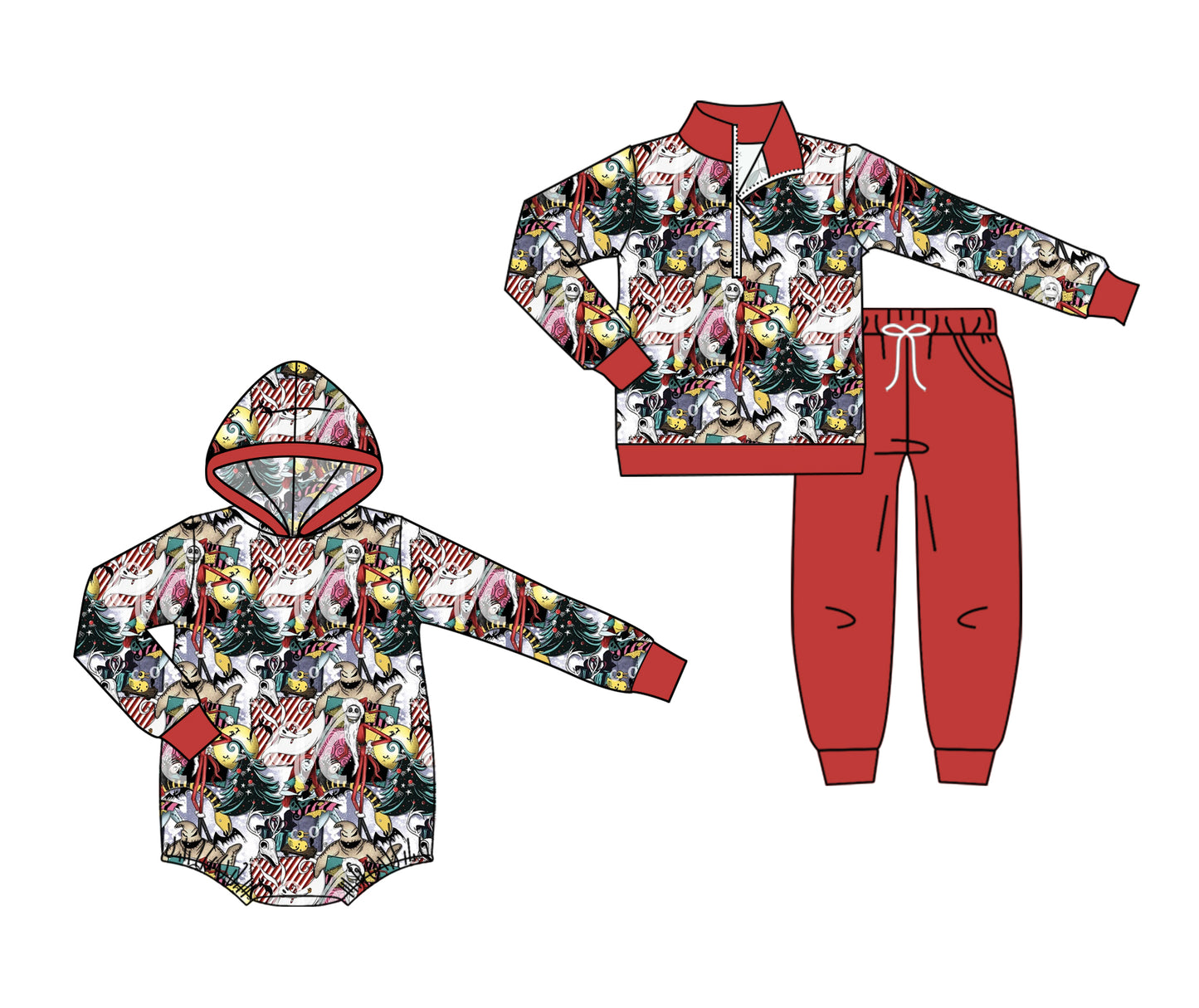 (Preorder new) No moq Baby Boys Ghost Print Zip Pullover Pocket Top Matching Jogger Set Rompers