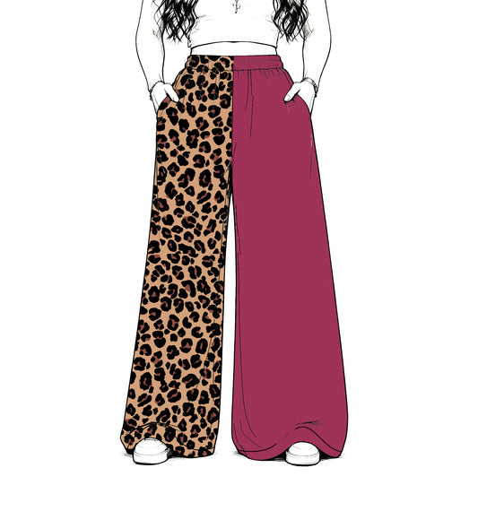 custom moq 5 mix size Baby Kids Fuchsia Rose Leopard Patchwork Print Team Flare Pants Casual Bottom