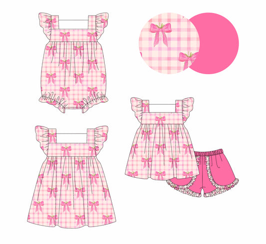 4.4 custom each style moq 5eta 4-6week Sibling Sisters bow pink baby girl short sleeve shorts sets and dress and rompers match family design