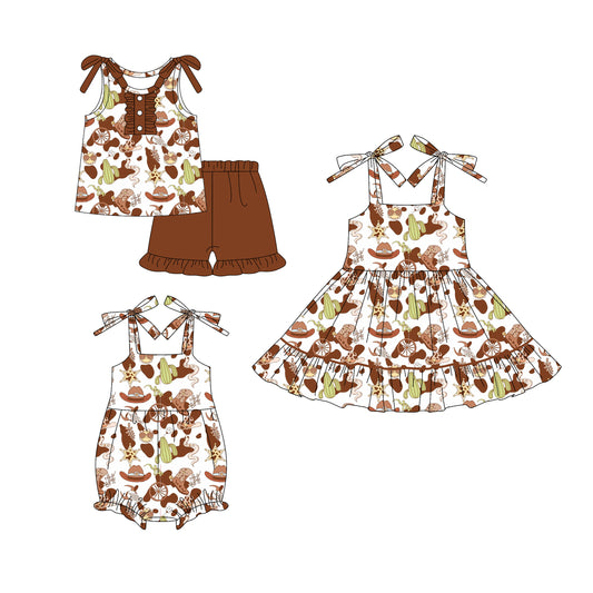 4.21 custom each style moq 5eta 4-6week Sibling Sisters boots hats catcus baby girl short sleeve shorts sets and dress and rompers match family design