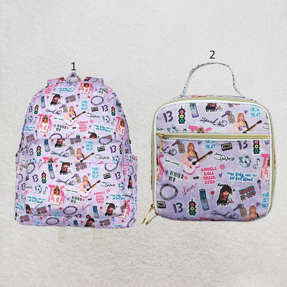 RTS NO MOQ Sibling milk silk Cute Clothes Baby Kids Purple Print Backpacks Bags Boxes