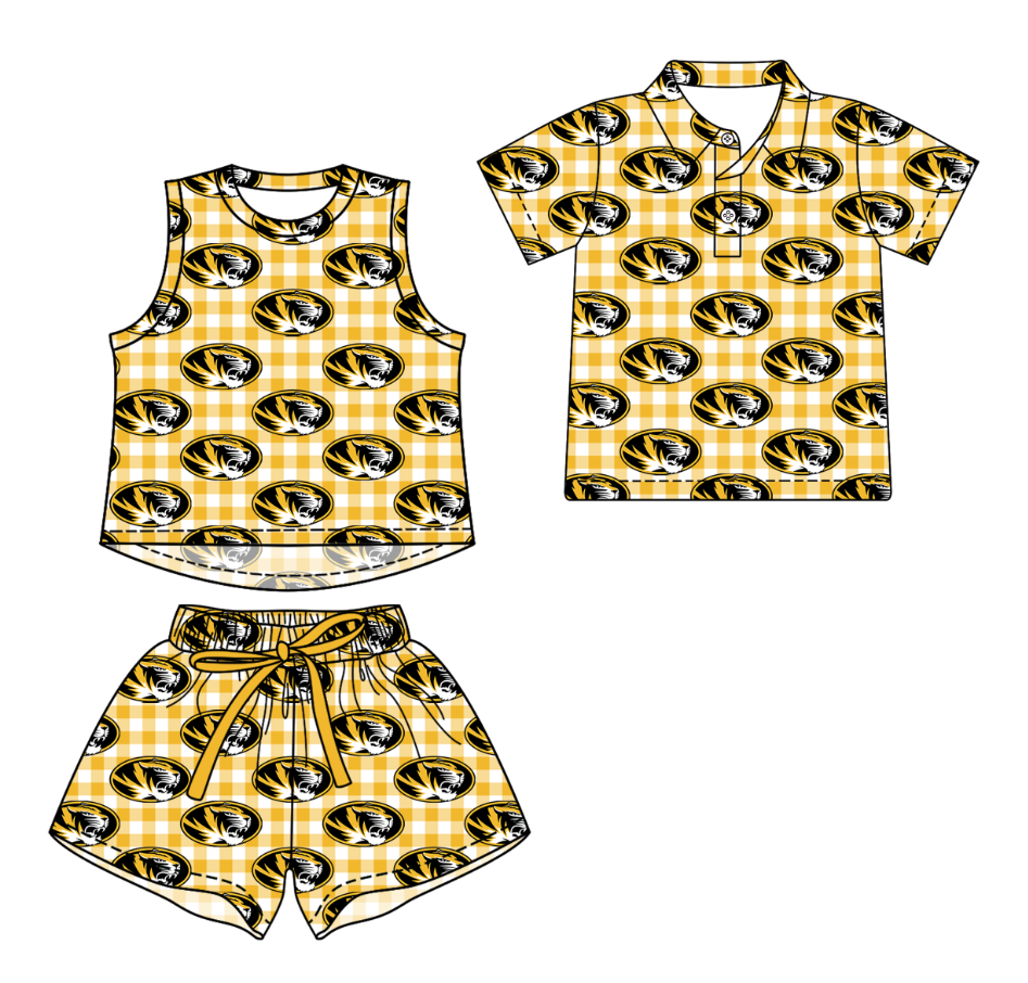 Custom moq 5 mix size milk silk summer teams Checked Girls Yellow Sleeveless Top And Short Sets Boys Short Sleeve Checked Button Polo Shirt Top