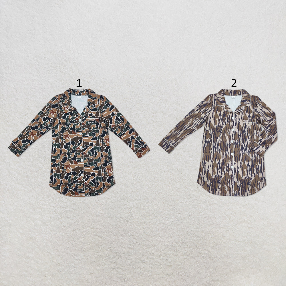 RTS NO MOQ Sibling milk silk Adult Women Camo Print Button Front Top Fall Casual Pajama Wear