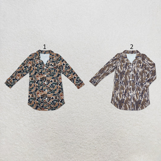 RTS NO MOQ Sibling milk silk Adult Women Camo Print Button Front Top Fall Casual Pajama Wear