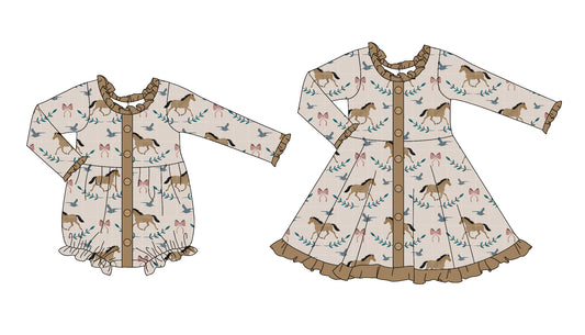 25.6.2 custom each style moq 5eta 4-6week Sibling Sisters horse baby girl long sleeve dress and rompers match family design