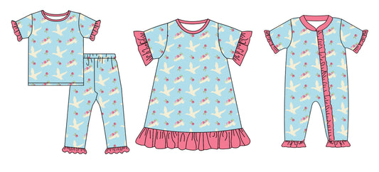 11.28 custom each style moq 5eta 4-6week Sibling Sister duck floral baby girl sets and dress and rompers match family design