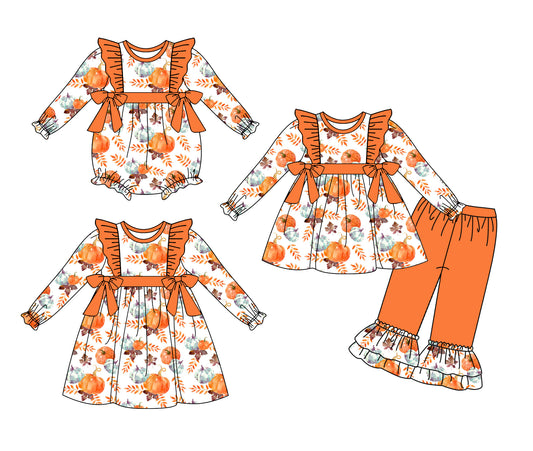 25.6.3 custom each style moq 5eta 4-6week Sibling Sisters pumpkin floral orange baby girl long sleeve pants sets and dress and rompers match family design