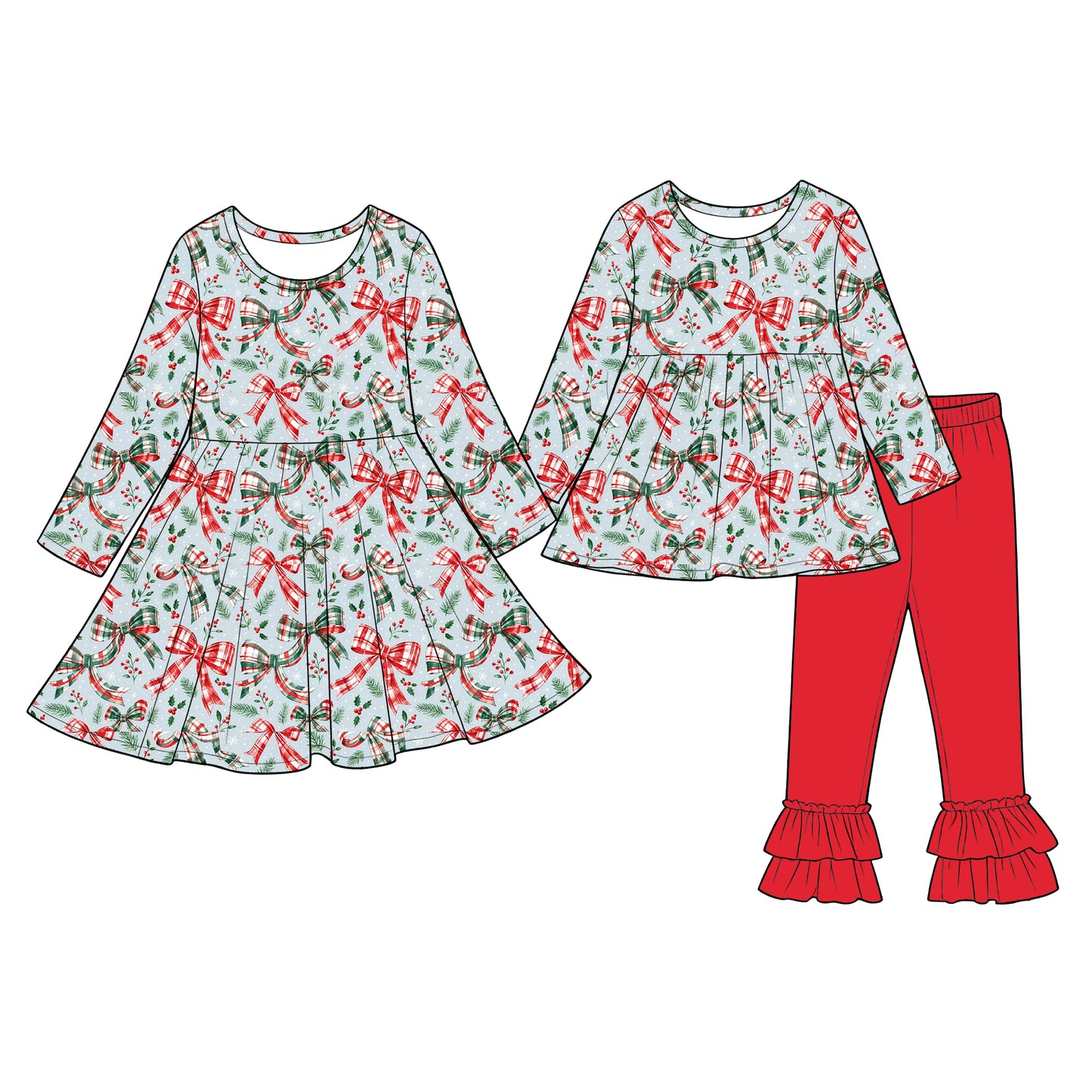 (Preorder new) No moq Baby Girls Plaid Bow Print Tunic Top Ruffle Pant Set Dress