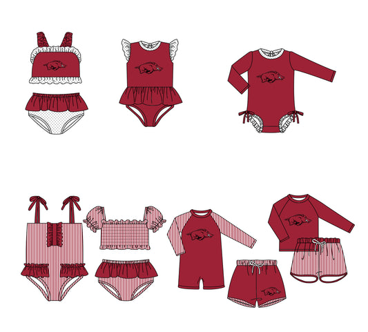 Custom moq 5 mix size milk silk summer teams baby girl boys clothes Red Two-Piece Swimsuit Set One Piece Swimsuits boy swim trunks