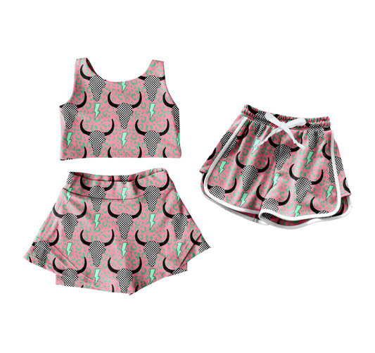4.12 custom each style moq 5eta 4-6week Sibling Sister cow head baby girls clothes Short sleeve yoga dress and shorts match family design