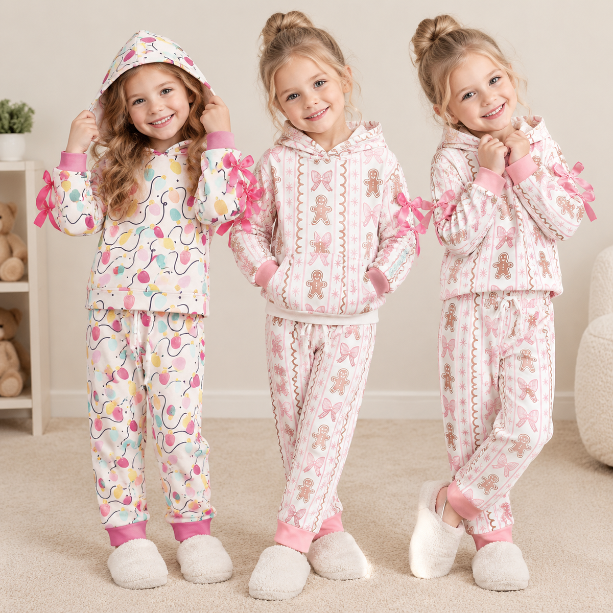 RTS NO MOQ Sibling milk silk Baby Girls Christmas Print Santa Gingerbread Bow Long Sleeve Pant Set