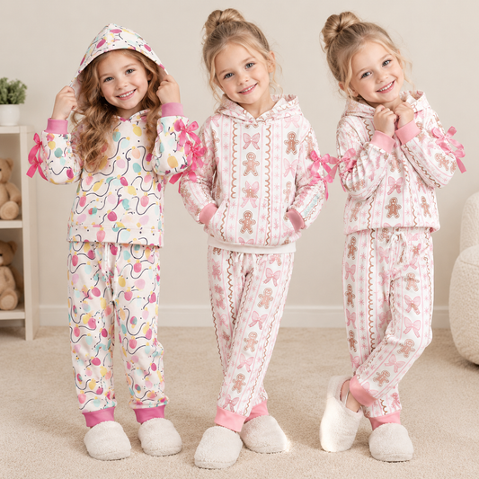RTS NO MOQ Sibling milk silk Baby Girls Christmas Print Santa Gingerbread Bow Long Sleeve Pant Set