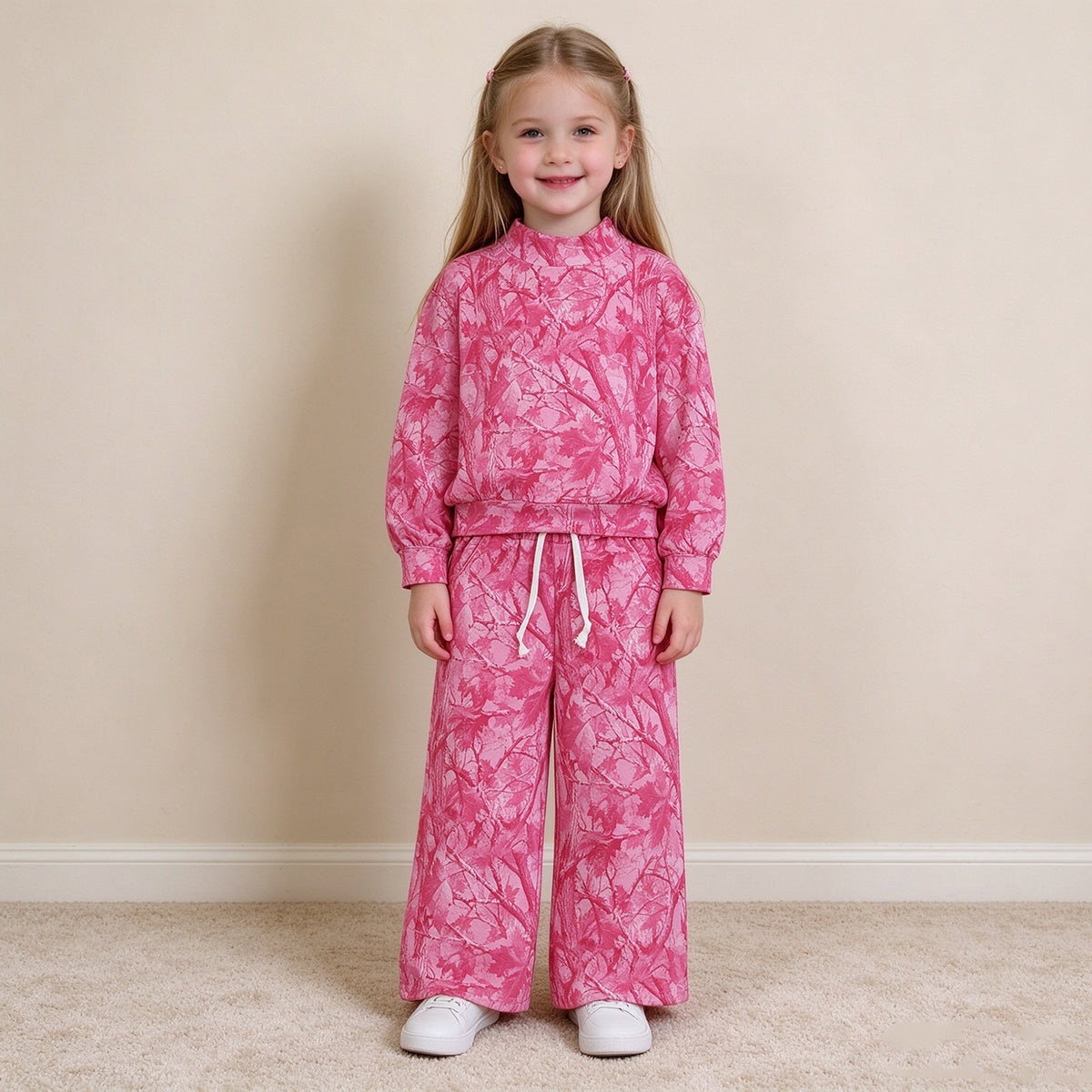 NEW RTS NO MOQ milk silk GLP3650(GT1823+P1137) Baby Girls Hot Pink Tree Camo Print Mock Neck Long Sleeve Sweatshirt Pants Casual Outfit Set