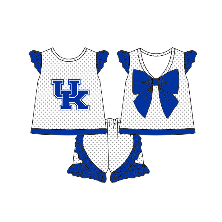 Custom moq 5 mix size milk silk summer teams Baby Girls Blue and White Polka Dot Flutter Sleeve Top with Bow Back and Ruffle Shorts Cheerleader Team Clothing Set