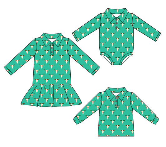 25.6.28 custom each style moq 5eta 4-6week Sibling Sisters cow head baby girls long sleeve dress and top and romper match family design