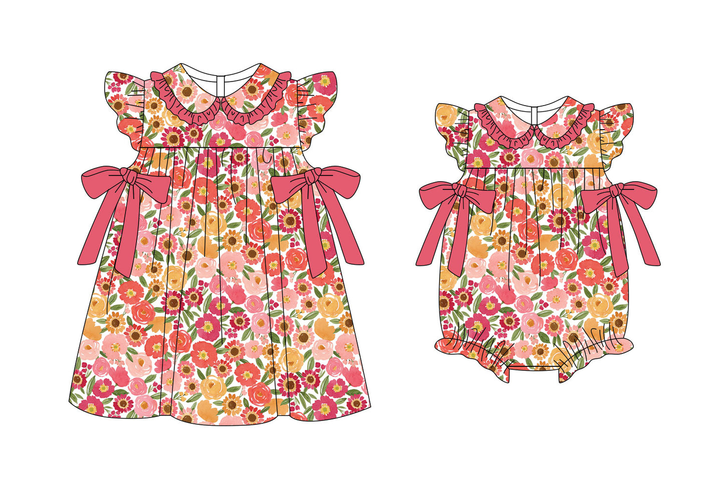 25.11.6 custom each style moq 5 eta 6-8week Sibling Sister floral baby short sleeve romper and dress match design