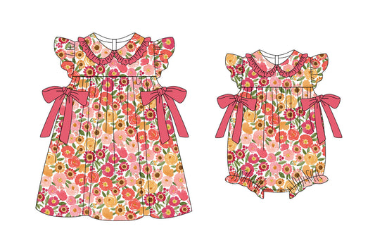 25.11.6 custom each style moq 5 eta 6-8week Sibling Sister floral baby short sleeve romper and dress match design