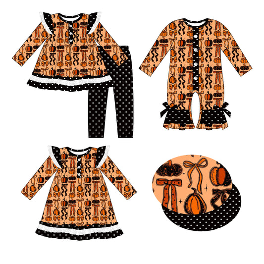25.7.12 custom each style moq 5eta 4-6week Sibling Sisters pumpkin bow baby girl long sleeve pants sets and dress and rompers match family design